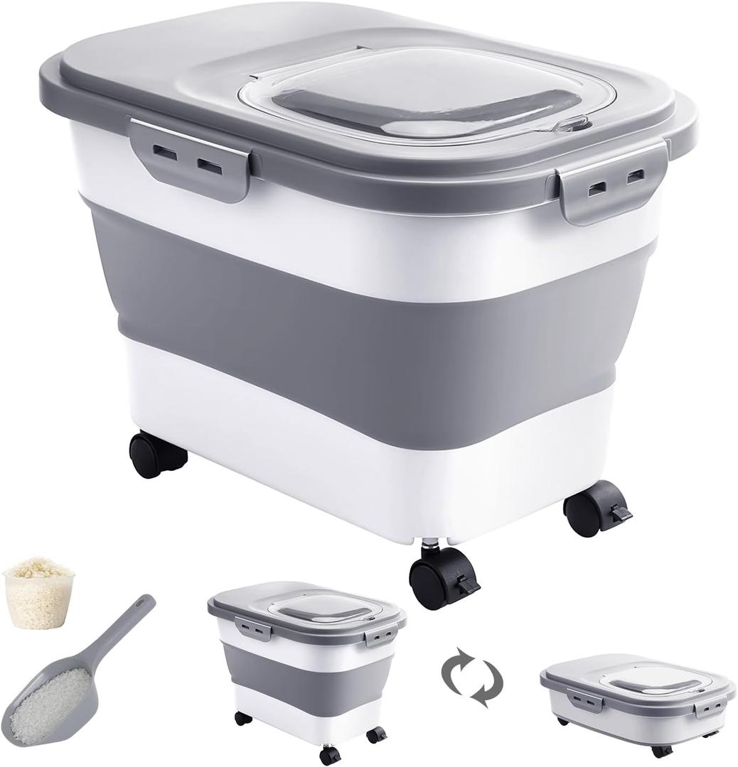 20-30 Lbs Rice Storage Container, Collapsible Food Storage Containers with Rolling Wheel Airtight Locking Lid, Flour Storage Container with Cup and Scoop, Suitable for Food, Rice, Pet Food, Flour