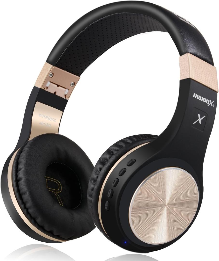 Riwbox Bluetooth Headphones, XBT-80 Folding Stereo Wireless Bluetooth Headphones Over Ear with Microphone and Volume Control, Wireless and Wired Headset for PC/Cell Phones/TV/Gym (Black Gold)