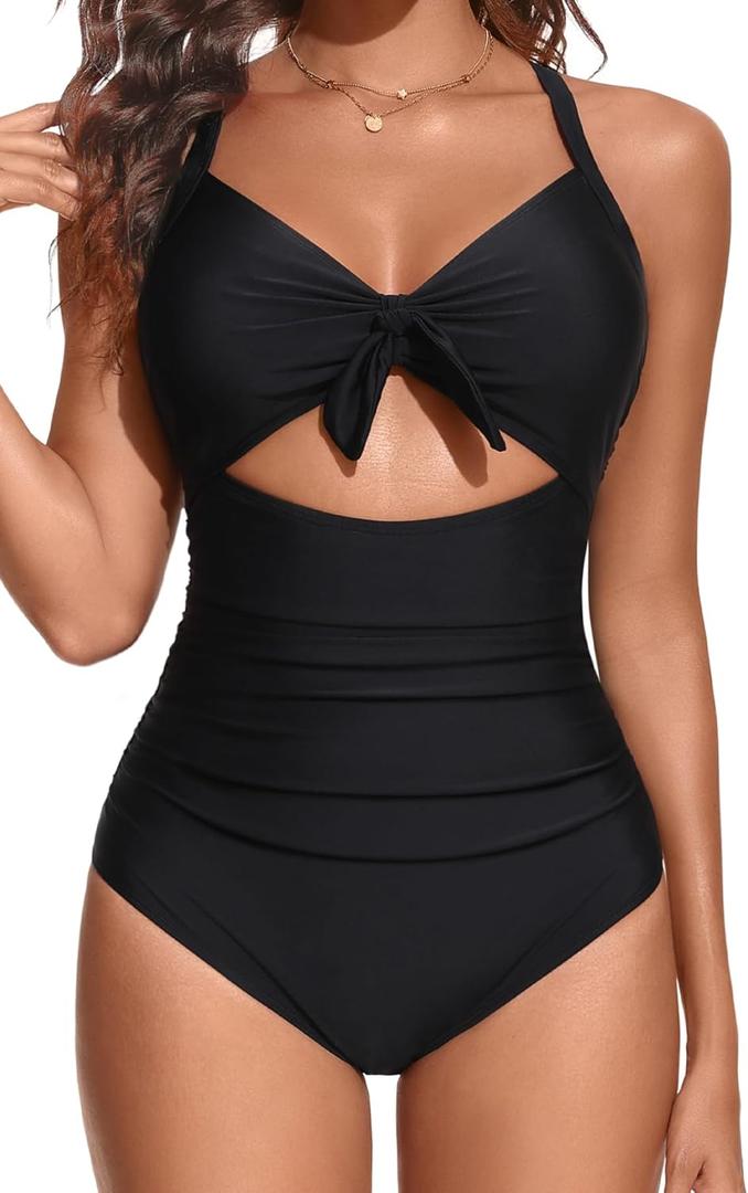 Aqua Eve Women Cut Out One Piece Swimsuit - Tummy Control Bathing Suit Push Up Monokini Swimwear 2025 (Large, Black)