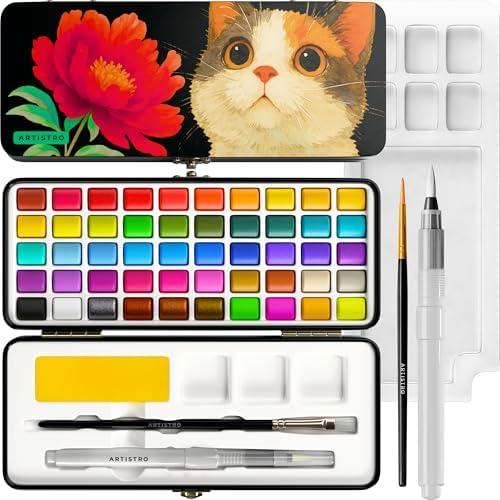 ARTISTRO 50 Colors Watercolor Paint Set - Portable Paint Set with Palette and Brush Pens - Travel Water Color Kit for Adults, Professionals, Kids - Art and Painting Supplies - Christmas Gift Idea