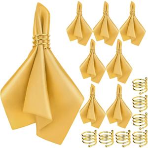 MCEAST Satin Cloth Napkins and Napkin Rings Set of 8, Smooth Fabric Table Napkins and Napkin Holder for Wedding, Birthday Dinner Party, Family Gatherings, Table Decor (Gold, 17 x 17 Inches)