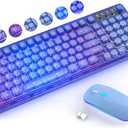Blue Light Up Keyboard and Mouse Wireless,Cute 2.4Ghz Cordless Rechargeable Transparent Backlit Keyboard,15 Backlight Effects,Volume Knob,RGB Mouse with 3 DPI for Mac Computer PC Laptop Desktop iPad