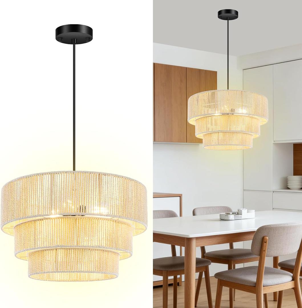 BoostArea Boho Rattan Chandelier Light,3-Tier Hand Woven Ceiling Pendant Light Fixture,16.5Large Farmhouse Chandelier Hanging Light for Living Room,Kitchen Island,Bedroom,Adjustable Cord,Beige