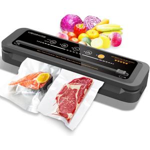 MegaWise Food Vacuum Sealer Machine High-Power 80kPa Suction, One-Touch Operation, Built-in Cutter Works with All Food Types, Includes Bags & Hose (Black), Keeps Food Fresh 5x Longer