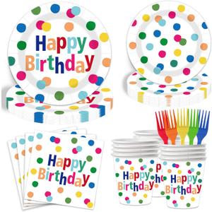 125-pcs Happy Birthday Paper Plate and Napkin Party Supplies Set, Colorful Forks - Neon Polka Dot Plate Decorations, Disposable Party Plates, Paper Cups and Napkins Set (Serves 25)