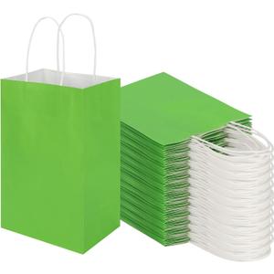 100 Pack 5.25x3.25x8.25 Inch Small Grass Green Kraft Paper Bags with Handles Bulk, Toovip Gift Wrap Bags for Favor Grocery Retail Party Birthday Shopping Business Goody Craft Merchandise Takeout Sacks