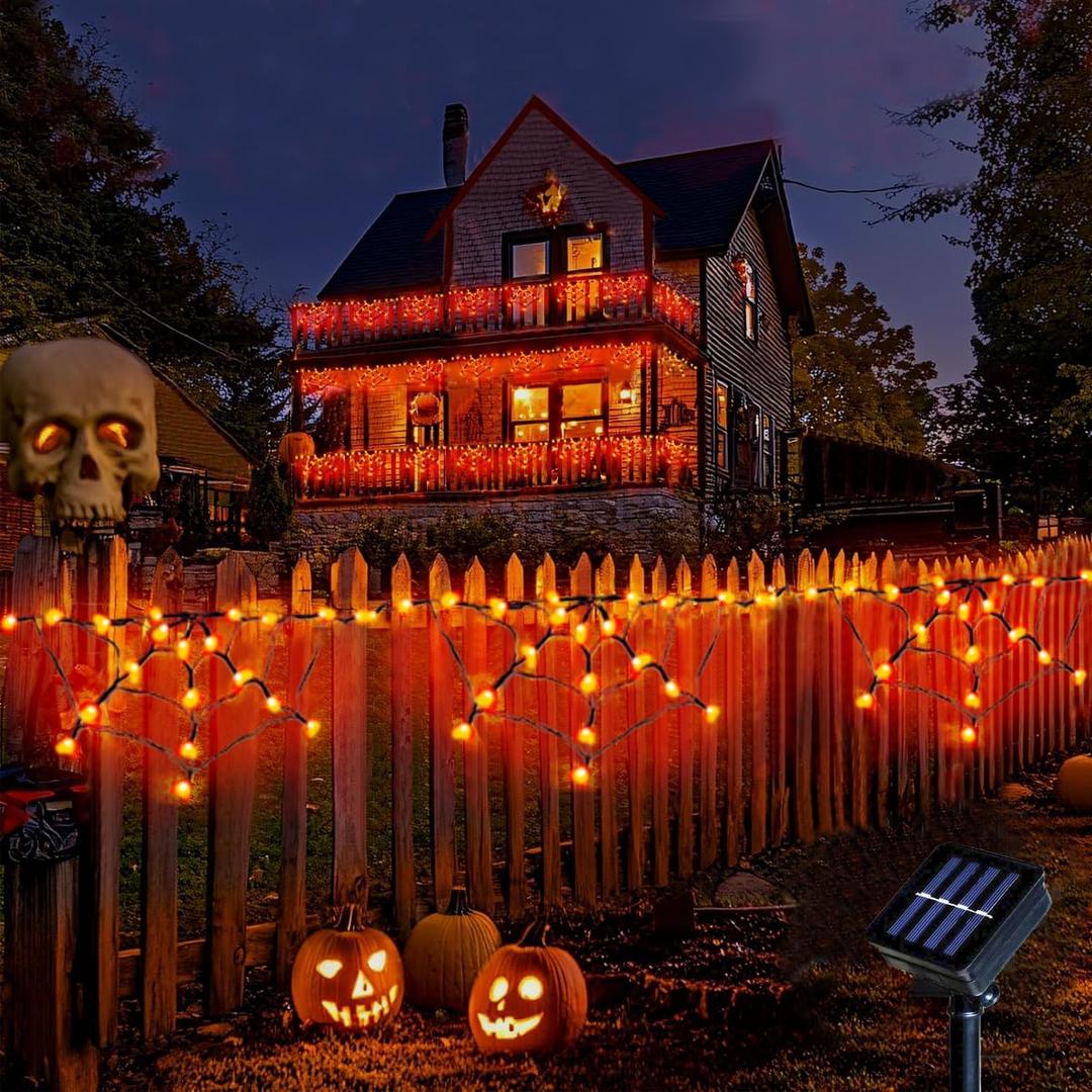 Halloween Spider Web Lights Outdoor, Solar Light up Cobweb String Lights with 60LED Lights, Spiderweb Curtain Fairy String Lights for Halloween Decorations Fireplace Porch Window Garden (Orange)