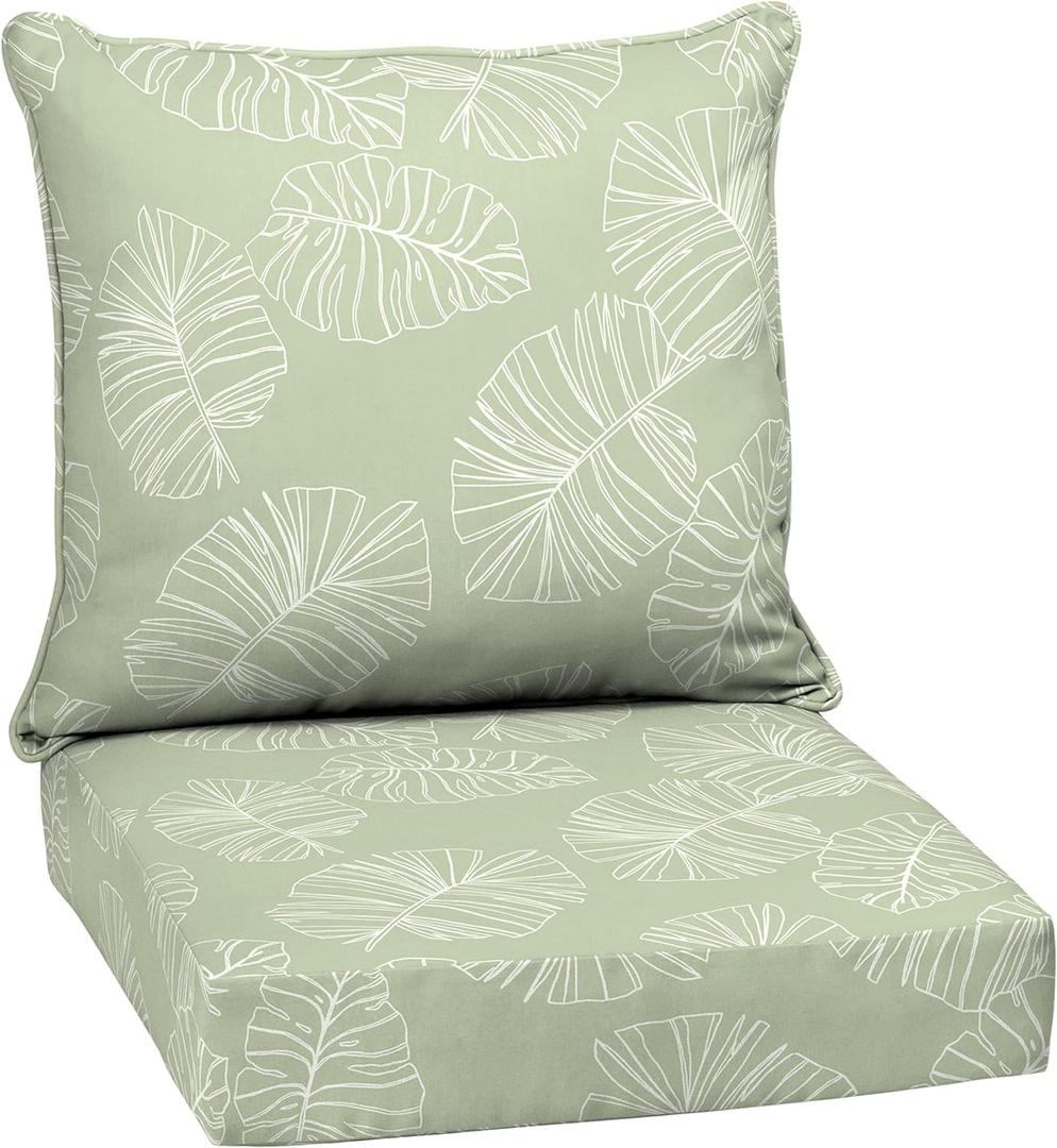 Arden Outdoor Deep Seat Cushion Set, 24 in x 24 in, Weather-Proof, Rain-Proof, Fade Resistant Patio Cushion for Chair, Sofa, and Couch Coastal Green Leaf