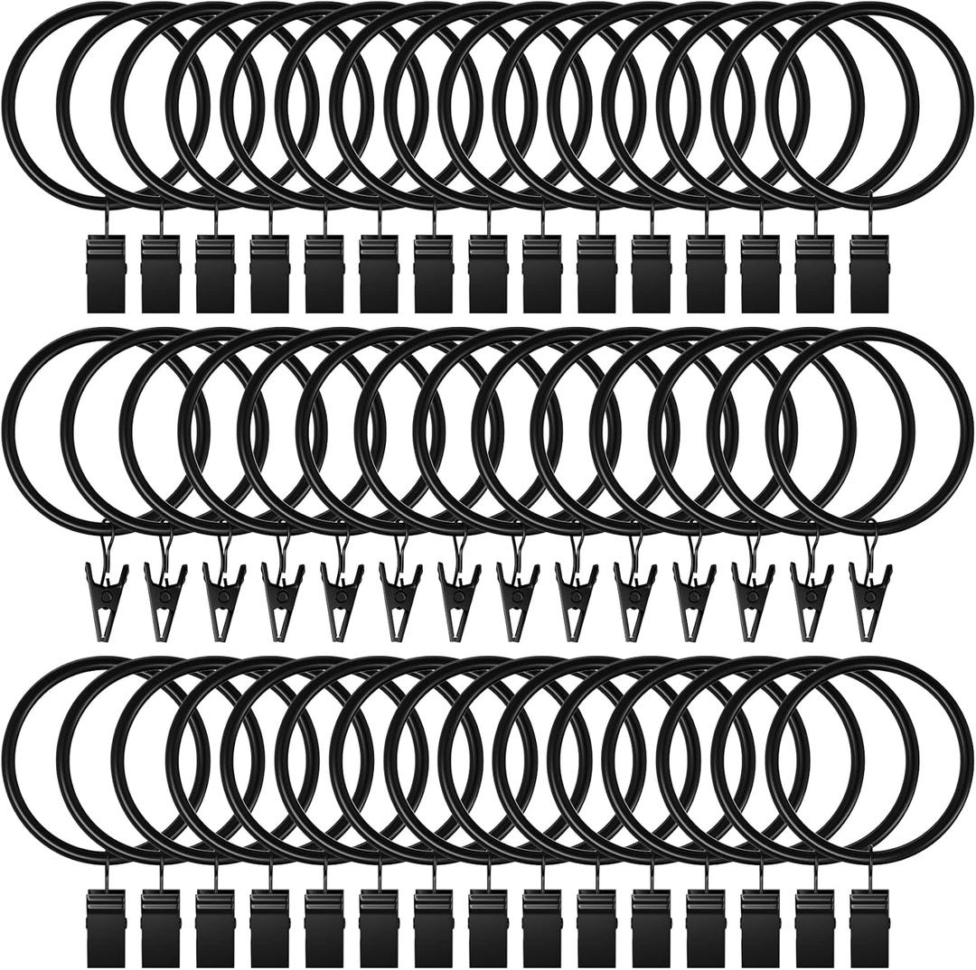 Lansian 72 Pack Curtain Rings with Clips Hooks 1.5 inch Rustproof Matte Metal Drapery Rings for Tension Rod Bracket Eyelets Decorative Hangers, Vintage Black (1.5" Interior Diameter)