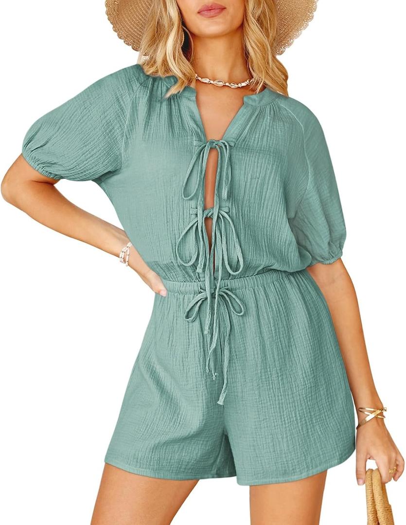 Fixmatti Women Summer Romper - Self Tie V Neck Casual Jumpsuit (Green, M)