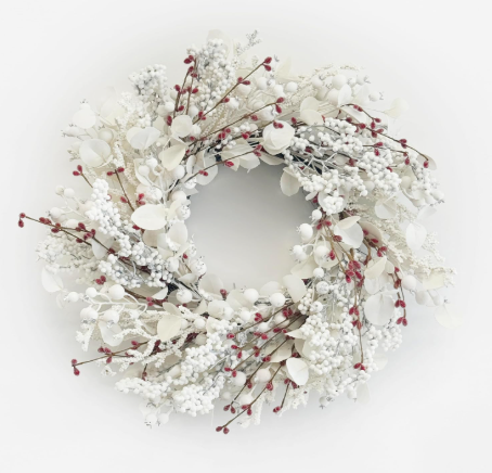 24 inch Winter Wreath for Front Door, Christmas Wreaths Front Door with White Eucalyptus Leaves and White Red Berry Outdoor/Indoor Wall Window Thanksgiving Décor Fireplace Christmas Decorations