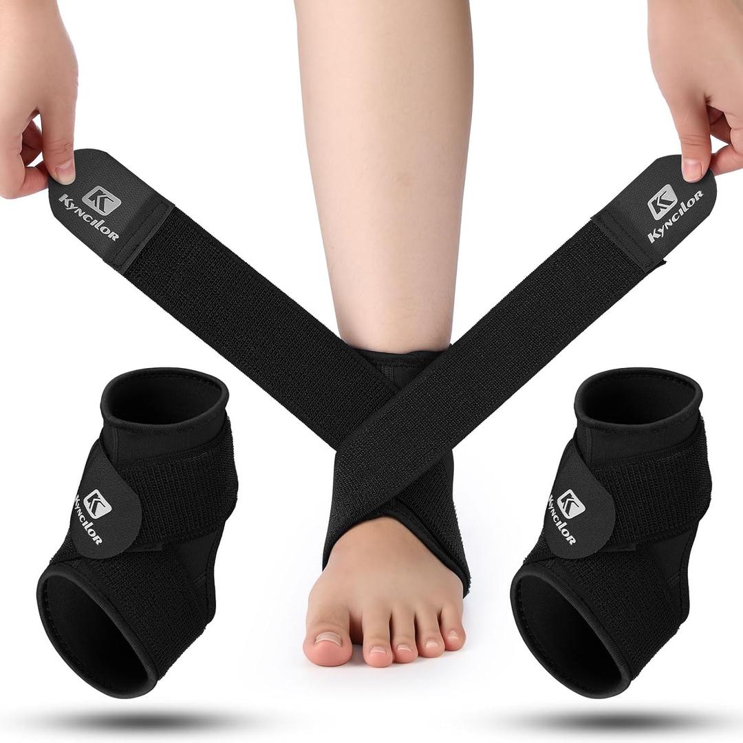 Honoson 2 Pcs Ankle Brace Kids Ankle Support for Sport Sprained Neoprene Breathable Compression Sleeve with Adjustable Wrap for Youth Child Boy Girl Plantar Fasciitis Achilles Tendonitis(Black, L)