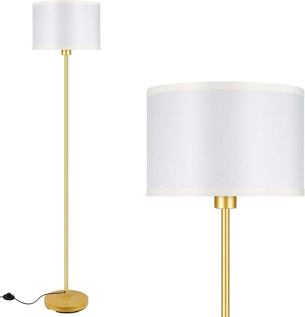 Gold Floor Lamps for Living Room, Modern Standing Lamp, White Lamp Shades, Foot Switch, Simple Pole Lamps Tall Lamp for Bedroom,Office/Living Room/Nightstand, Boho Reading Lamp(Bulb Not Included)