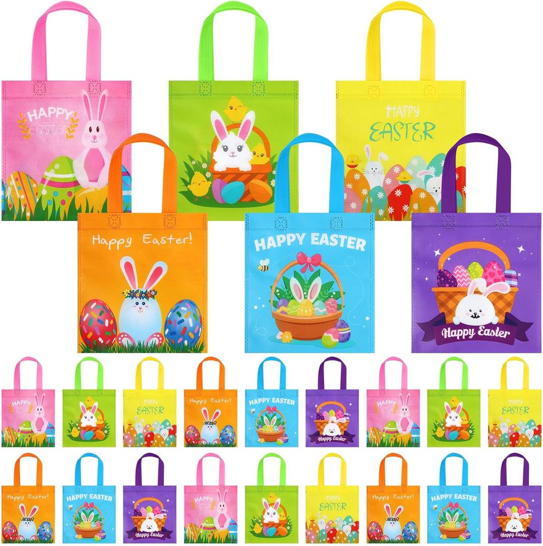 Sweetude 60 Pcs Easter Tote Bags Bulk Easter Gift Treat Bags with Handles Reusable Non Woven Bunny Rabbit Egg Goodie Party Favor Packages for Party Supplies