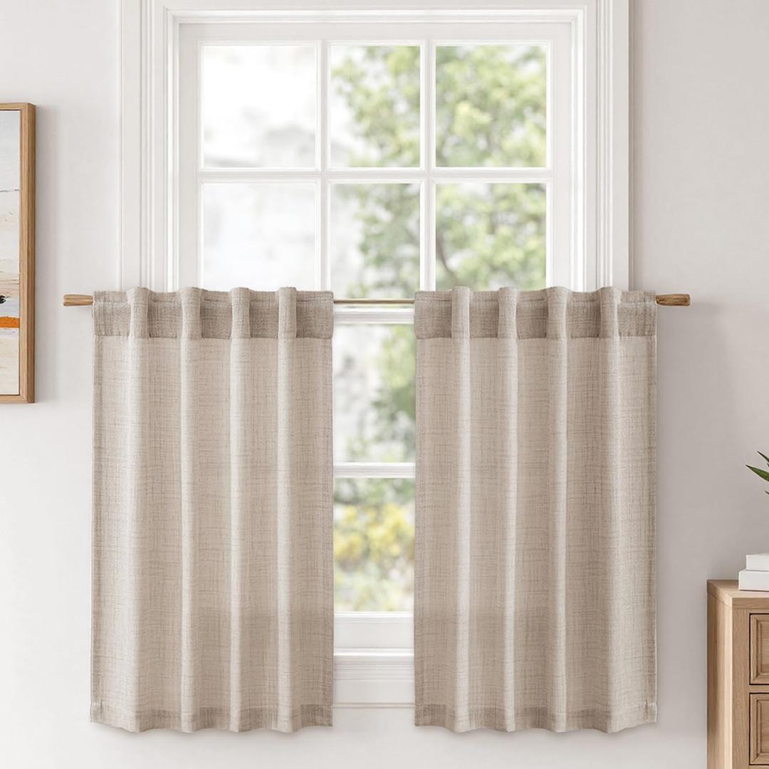 MIULEE Cafe Curtains Back Tab 24 Inch Length Light Filtering Small Drapes, Farmhouse Short Semi Sheer Linen Curtain for Kitchen Bathroom Half Window, Rod Pocket 2 Panels W30XL24