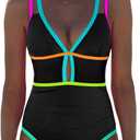 popvil Women One Piece Swimsuit 2025 Tummy Control Sexy Cutout Neon Color Block Bathing Suit Deep V Neck Adjustable Swimwear (Medium, Black1)