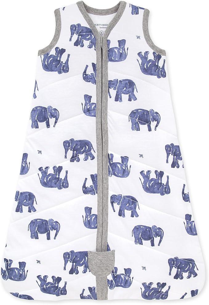 Burt's Bees Baby Baby Beekeeper Wearable Blanket, 100% Organic Cotton, Swaddle Transition Sleeping Bag, Quilted Elephants, Small