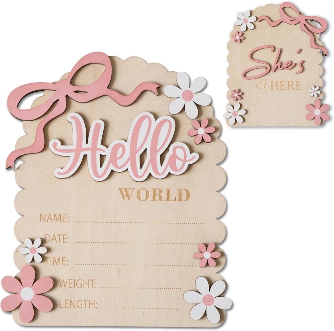 Baby Announcement Sign, Hello World Newborn Sign for Hospital, Shes Here Card, Baby Announcements Ideas, Newborn Photography Props Double-Sided (HW3)
