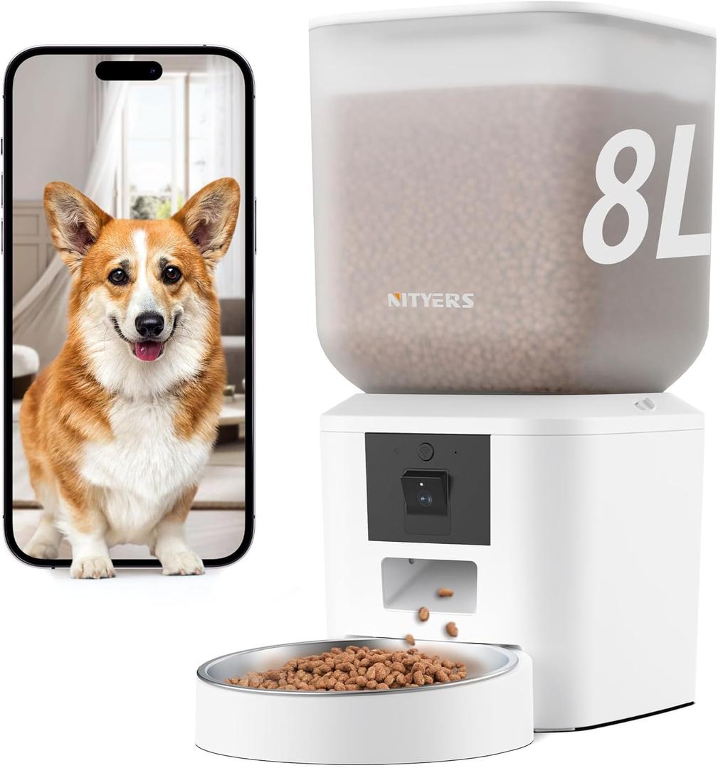 Automatic Dog & Cat Feeder with Camera & WiFi  8L/34 Cups, 1080P Night Vision, 2.4 & 5G WiFi, 2-Way Talk, 10s Voice Recording, Timed Food Dispenser, Up to 99 Portions, 15 Meals Per Day (White)