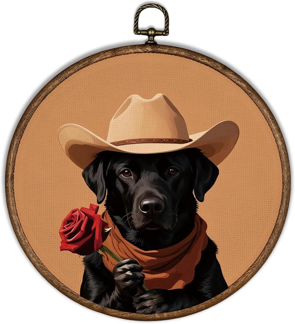 XBBMGG Western Cowboy Black Labrador Dog Wall Art, Funny Animal Red Rose Valentines Day Gift Round Wall Hanging Decor, Romantic Dog Framed Canvas Prints for Living Room Bedroom Decorations, 10x10in