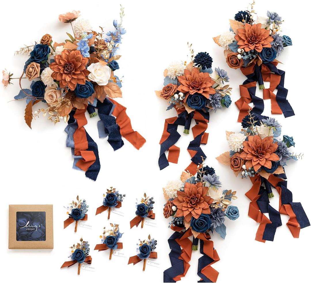Ling's moment Wedding Artificial Flowers Package, Burnt Orange Navy Blue