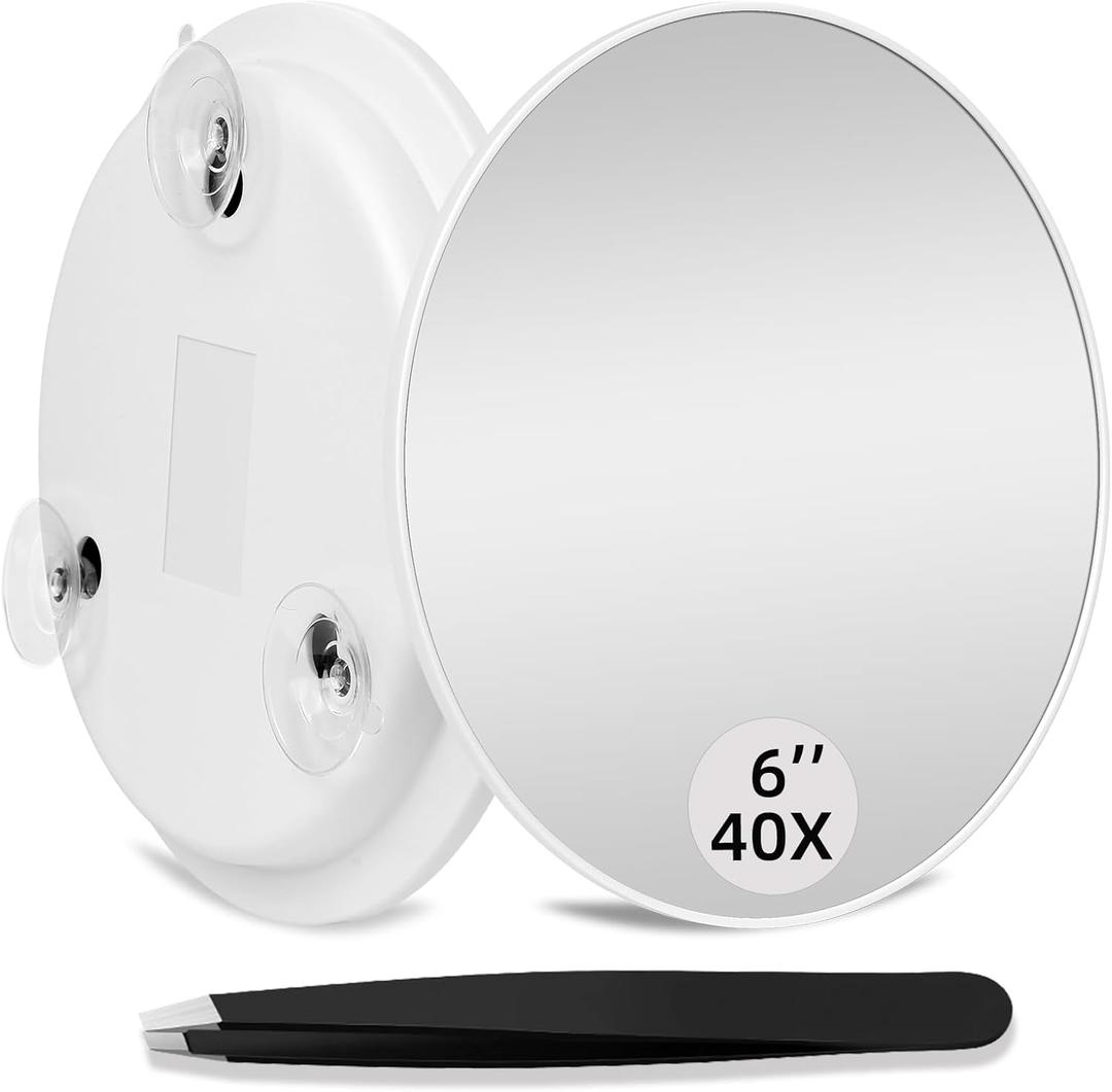 40X High Power Magnifying Mirror, 6inch Large Round Concave Travel Mirror with 3 Suction Cups Mounting, Powerful 40x Makeup Magnification with Tweezers Set