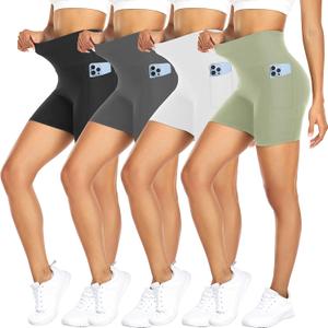 FULLSOFT 4 Pack Biker Shorts for Women with Pockets  5" High Waisted Tummy Control Workout Yoga Running Gym Tennis Shorts (Small-Medium, 4 Pack Black/Grey/Light Green/White)