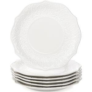 SOUJOY Set of 6 Salad Plate, 8 Inch Porcelain Dessert Serving Plates, Embossed Printing Small Dinner Dish for Pancakes, Steak, Microwave, Dishwasher Safe