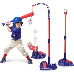 3-in-1 Kids Baseball Set for Ages 3-5/5-8, Batting Tee, Stand Tee, Pitching Machine with 6 Plastic Softballs & Bat, Adjustable Height, Indoor/Outdoor Backyard Sport Games Gifts for Boys & Girls, Blue