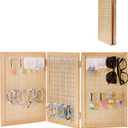Wooden Foldable and Portable 3-Panel Pegboard Jewelry Display Organizer with 24 Removable White Metal Hooks for Bracelets, Earrings and Keychains, Versatile Countertop Rack for Store