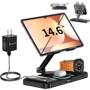 Magnetic 6 in 1 Wireless Charging Station for Samsung Clock,Foldable Stand Charger Dock for Galaxy S25/S24/S23/Note 20/Fold7/Flip7/Galaxy Watch 8/7/6/5 Pro/Ultra/Galaxy Buds/iPad/Tablet Holder (Black)