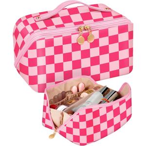 Bistup Makeup Bag Travel Cosmetic Bag Toiletry Make Up Bags Cute Women Large Capacity Big Medium Leather Checkered Plaid Hotpink Aesthetic Girl Teen Teenage Foldable Expandable Open Flat Zip