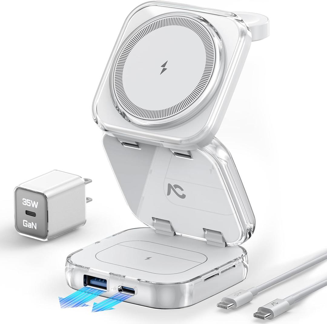 5-in-1 Wireless Charger for MagSafe, AC ISLAND Portable Travel Charging Station, 35W Max Qi2 Fast Foldable Magnetic Stand, Evolved for iPhone 17-12 Series, Apple Watch, AirPods (with 35W Adapter) (Ice White)