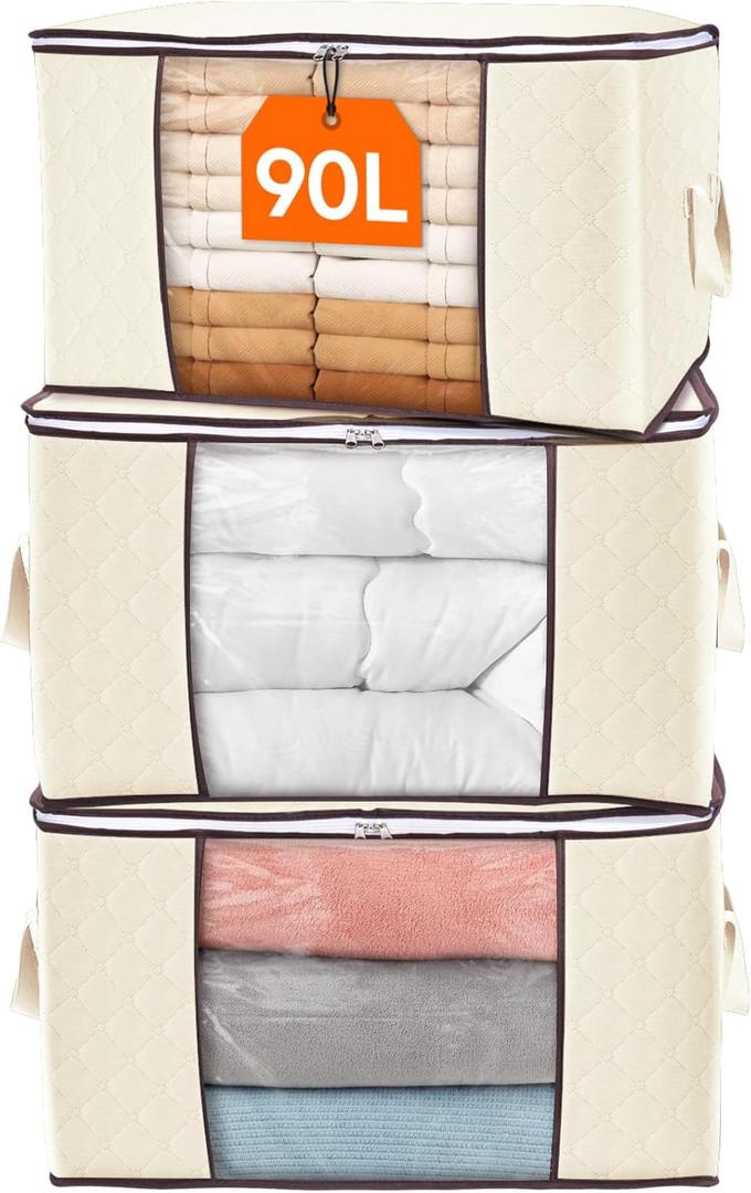 Lifewit 90L Large Storage Bags, Closet Organizers and Storage, Clothes Storage Bins with Lids, Foldable Storage Containers with Reinforced Handles for Clothing Blanket Bedding Comforter 3 Pack Beige