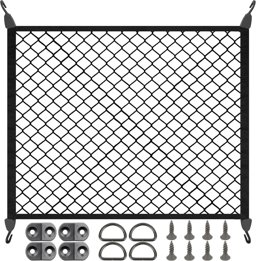 Elastic Cargo Net for SUV, Net Stretchable 31.2" x 24" Stretch to 62.4" x 48", Rear Trunk Bed Netting Cover, Fixing Hooks D-Rings Luggage Cover