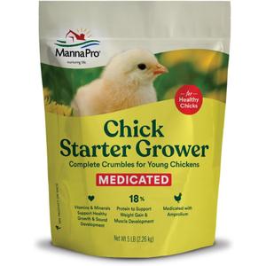 Manna Pro Medicated Chick Starter Grower Feed, Dried High Protein Chicken Food Crumbles with Amprolium for Coccidiosis Prevention, Complete Chicken Feed for Baby Chicks, 5 lb Bag
