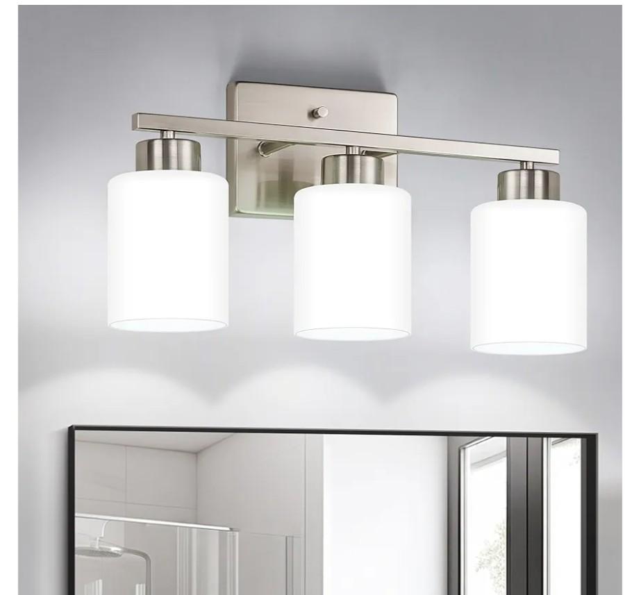 FonmYim Brushed Nickel Bathroom Light Fixtures, 3-Light Modern Vanity Light Over Mirror, Wall Sconces with Milky White Frosted Glass Shades, E26 Socket (Bulbs Not Included)