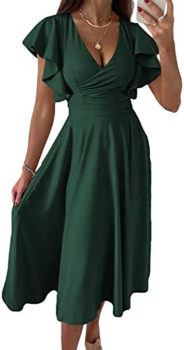 Dokotoo Women's V Neck Elegant Party Dress Short Sleeve Skater Dress Wedding Guest Dresses XL