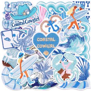 24Pcs Coastal Cowgirl Iron On Patches for Hats, Summer Ocean Embroidered Blue Patches for Girls, Heat Press Embroidery Patch for Trucker Hat/Clothes/Denim Jeans/Beach Bags