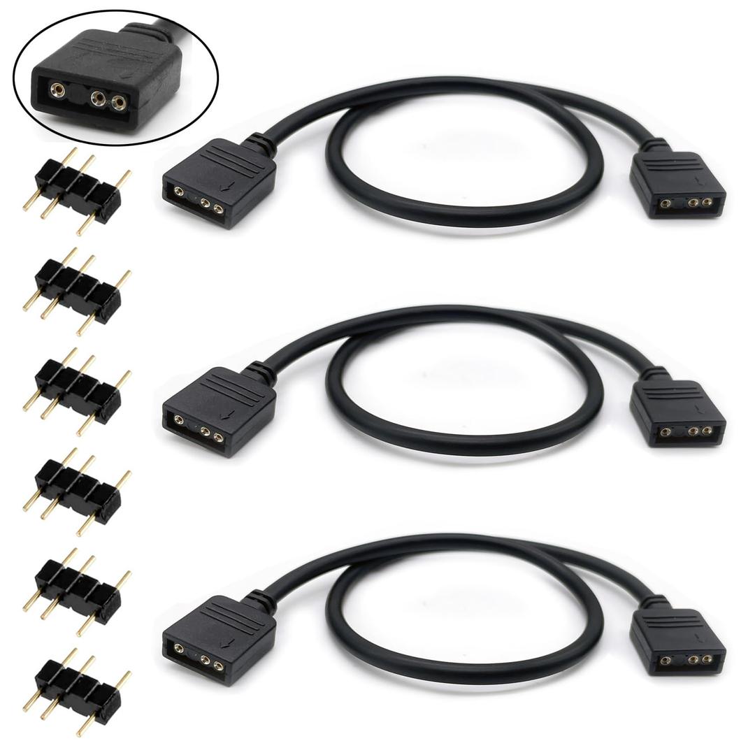 Jstincal (3-Pack) ARGB Extension Cable, 5V 3-Pin Addressable RGB Cable, 1-to-1 Female to Female for Extending Computer PC Fans/LED Lights, 30cm / 11.8in