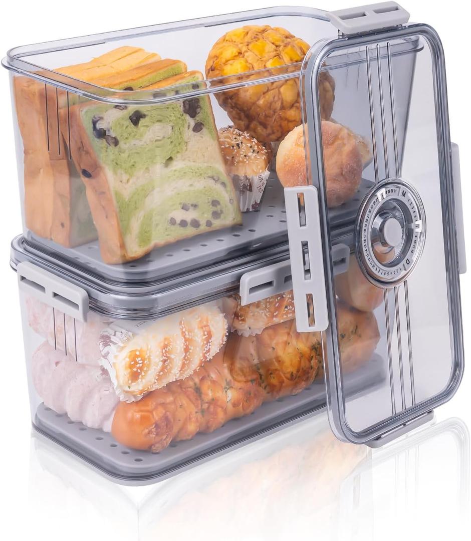 Dynta Bread Box 2 Pack Bread Container Airtight, Recording Time Bread Boxes for Kitchen Counter Organizers and Storage, Plastic Bread Storage with Lid for Homemade Bread, Toast, Loaf, Cookies