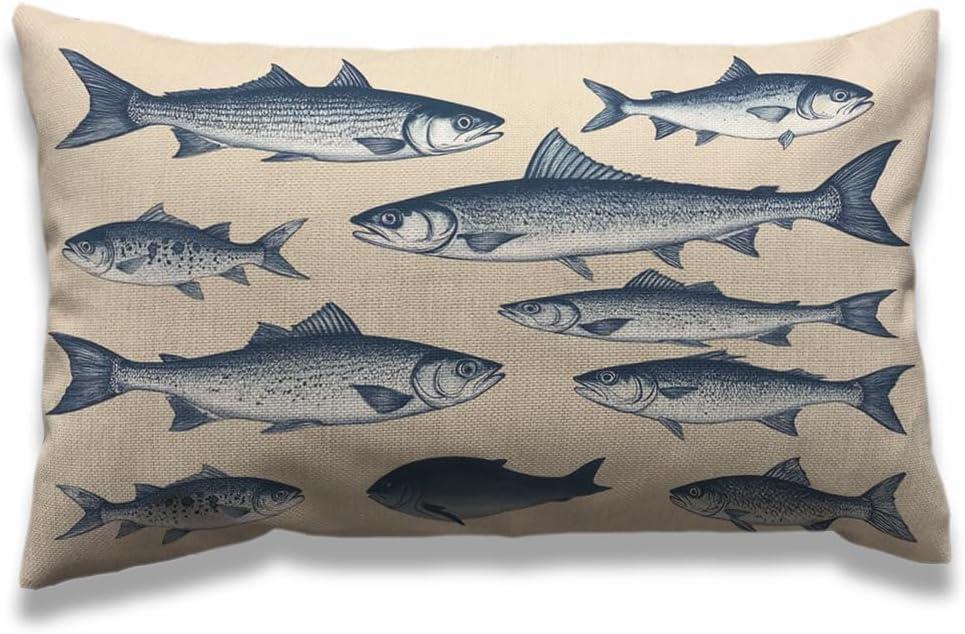 AOYEGO Fish Throw Pillow Cover 12x20 Inch Vintage Ocean Sea Fish Animals EEL Seafood Theme Rectangle Pillow Cases Home Decorative Cotton Linen Cushion Cover for Bed Sofa