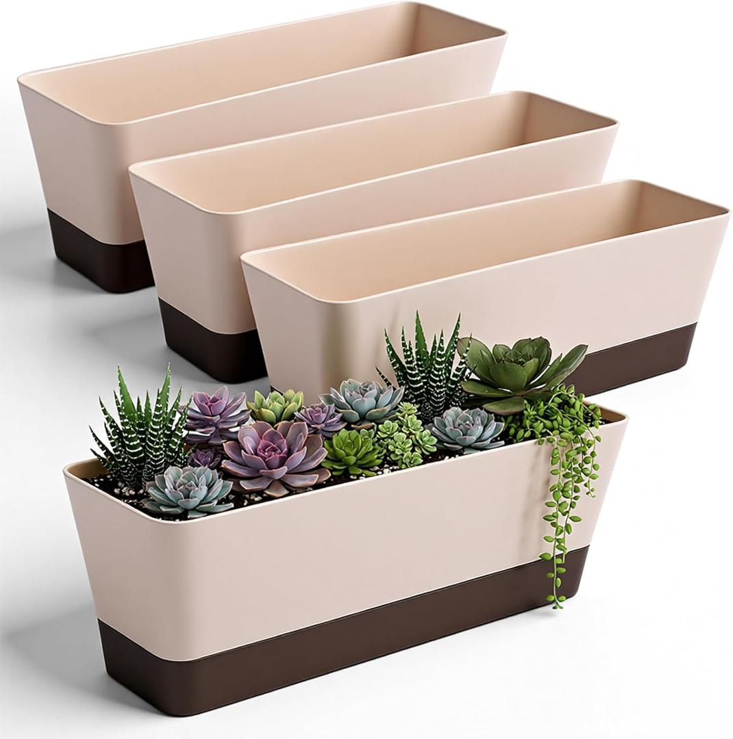 SHENLIU 4 Pack Rectangular Plant Pot, 12 Inch Watering Plant Container with Drainage Hole and Saucers Large Plastic Flower Pots Succulent Window Sill Planter Window Planter Box for Succulents, Flowers