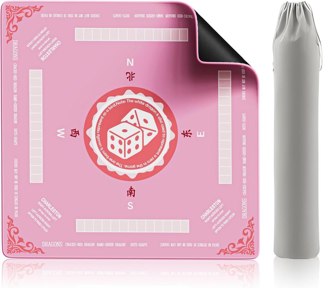 Mahjong Mat Table Cover 32x32 Inch Large American Mahjong Game with Game Rules, Travel Poker Playing Mats Portable Cloth Bag for 2025 Mahjongg Jongg Fans, Poker, Board Games and Dominoes(Pink)