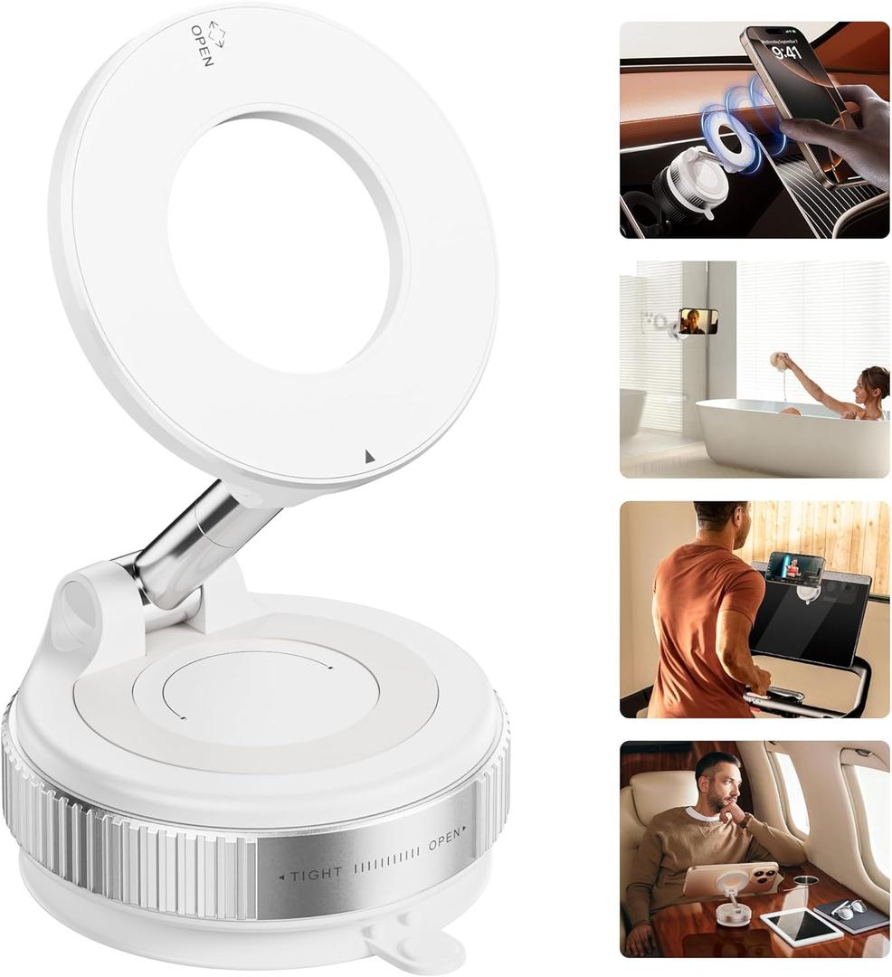 Strong Magnetic Car Phone Holder for MagSafe Ultra Vacuum Suction Cup Phone Mount 360 Cell Phone Holders for Your Car Accessories for iPhone 16 15 14 13 12 Android (White)