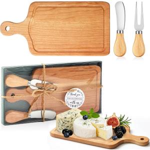 1 Set Bridal Baby Shower Cheese Prizes Wooden Square Board Gift Set Knives Forks Thank You Tags with Box for Guests for Valentines Bridal Baby Shower Housewarming (Cherry Wood)