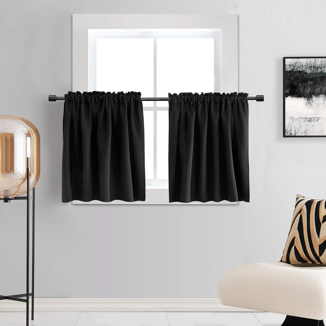 DONREN 36 Inch Length Tier Curtains- 2 Panels Blackout Thermal Insulating Small Valance Curtains for Nursery with Rod Pocket (Black, 30 Inches Wide by 36 Inches Long)