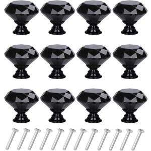 12 Pack Drawer Knobs Diamond Shaped Crystal Glass 30mm Cabinet Knobs Pull Handles (30 mm, 12 Pack, All Black)