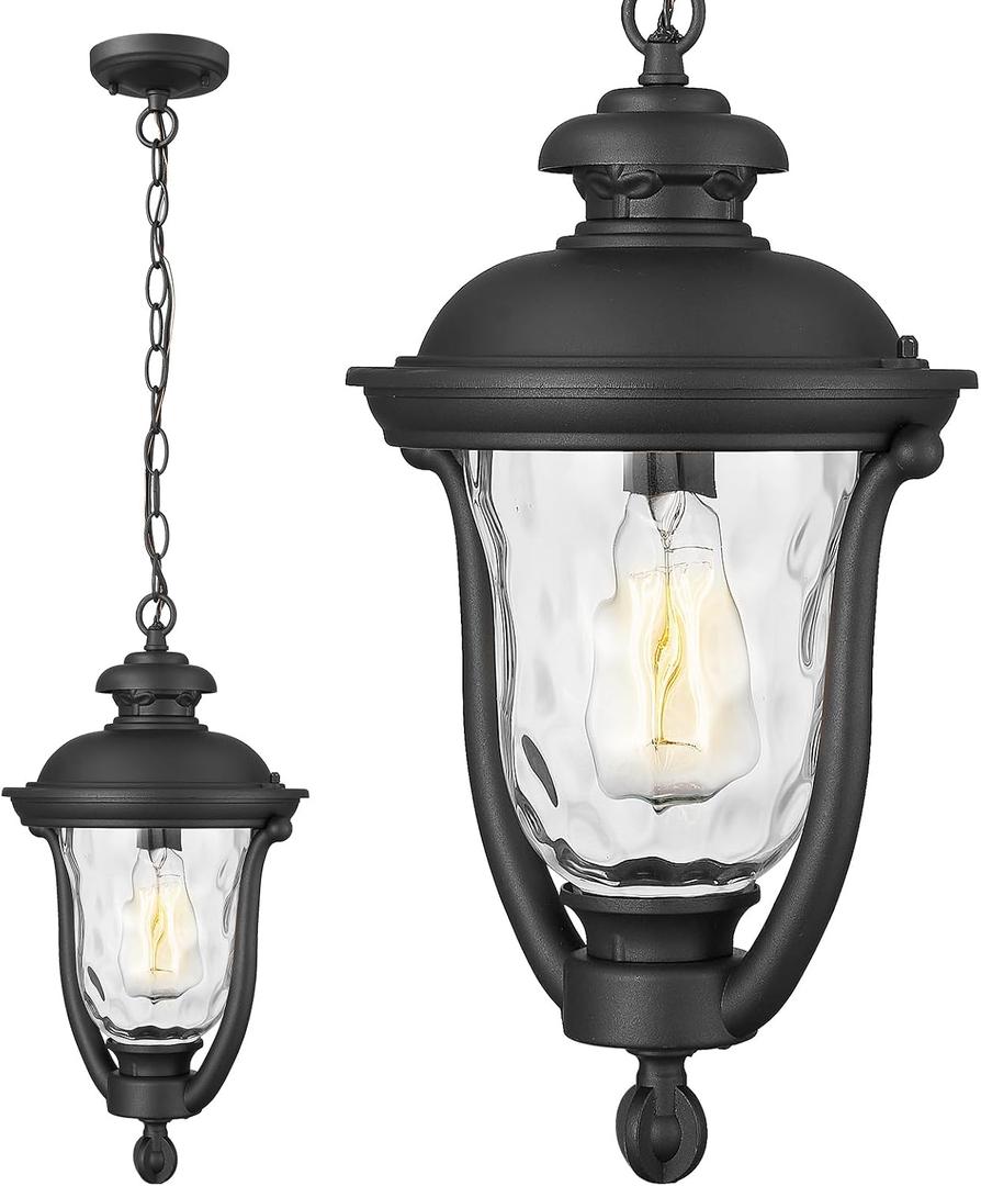 Outdoor Pendant Lights,Modern Exterior Hanging Porch Light,Height Adjustable Outside Hanging Lantern Matte Black Vintage for Enterance,Gazebo, Foyer, Water Ripple Glass Lamp Shade, X-Large