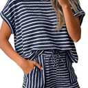 Tankaneo Womens Striped Summer 2 Piece Short Sets Short Sleeve T Shirts Drawstring Shorts Casual Outfits Lounge Pajama Sets XL
